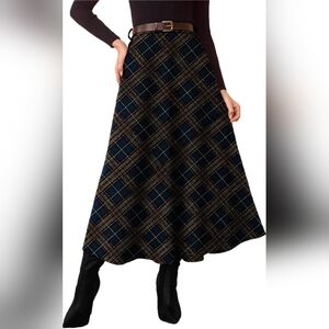 Plaid A-Line Midi Skirt in Navy. W-23